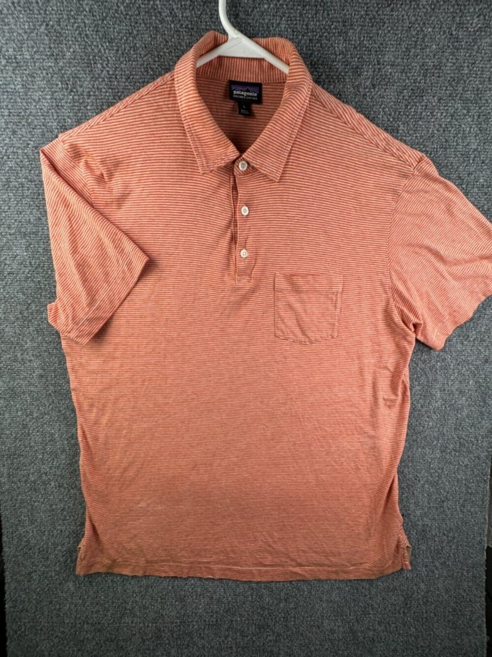 Patagonia Polo Shirt Men Striped Orange White Short Sleeve Large Organic Cotton